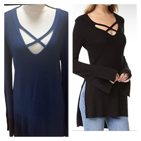 Free People Hi-Lo Sweater Dress Split Bell Sleeves Split Hem Crossed V-Neck Lrg - Picture 1 of 15